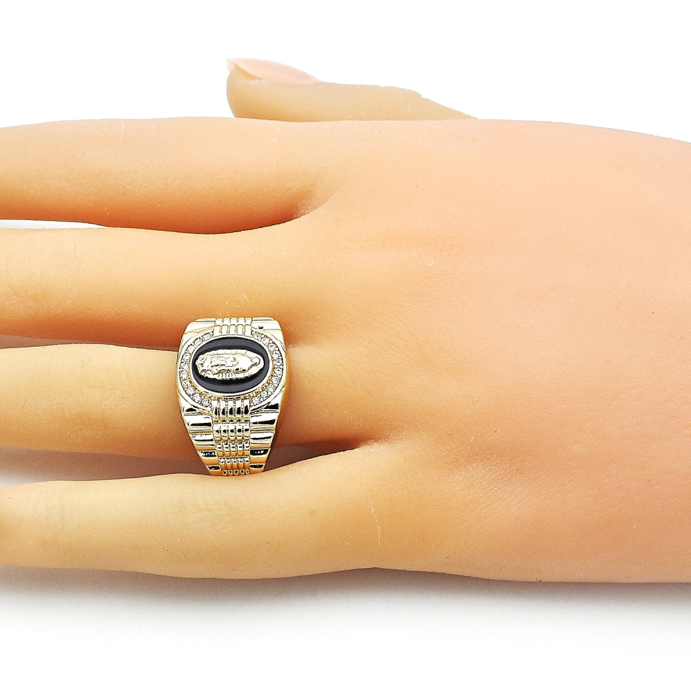 Oro Laminado Multi Stone Ring, Gold Filled Style Guadalupe Design, with White Micro Pave, Black Enamel Finish, Golden Finish