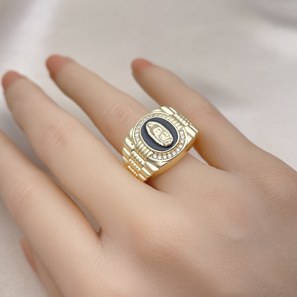 Oro Laminado Multi Stone Ring, Gold Filled Style Guadalupe Design, with White Micro Pave, Black Enamel Finish, Golden Finish