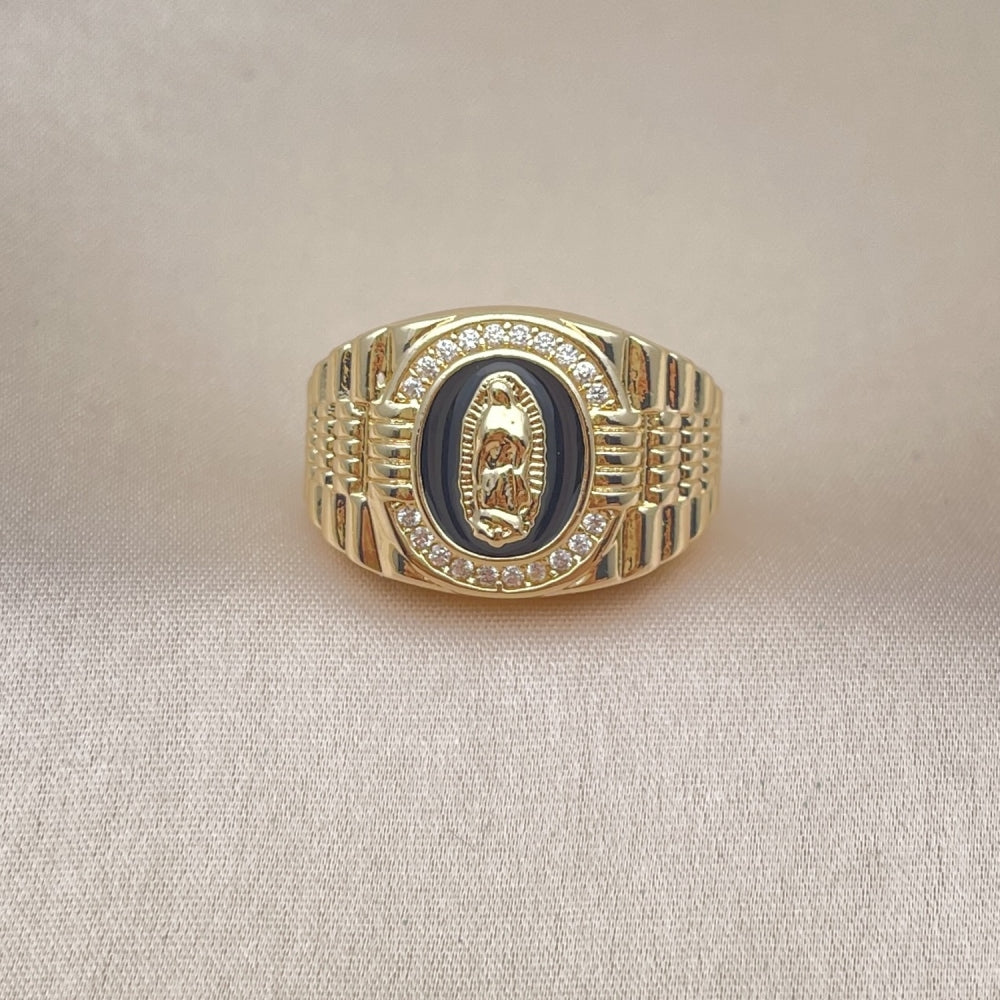 Oro Laminado Multi Stone Ring, Gold Filled Style Guadalupe Design, with White Micro Pave, Black Enamel Finish, Golden Finish