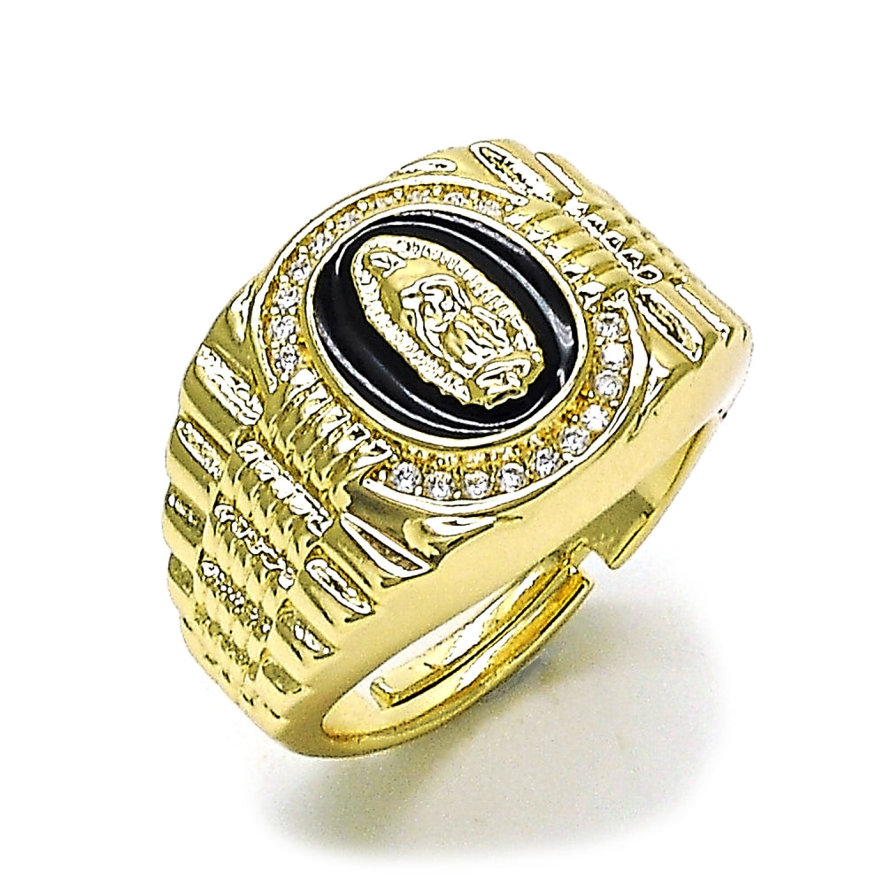 Oro Laminado Multi Stone Ring, Gold Filled Style Guadalupe Design, with White Micro Pave, Black Enamel Finish, Golden Finish