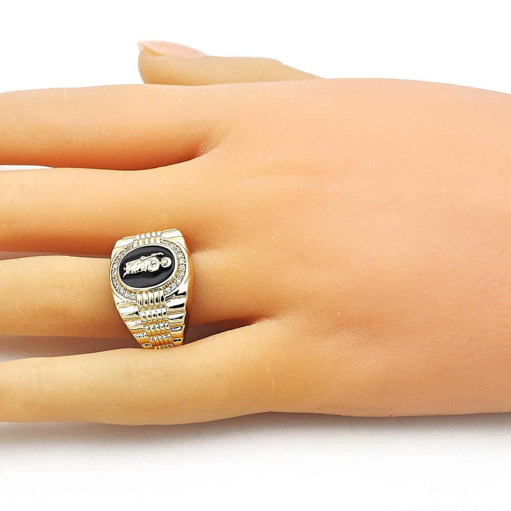 Oro Laminado Multi Stone Ring, Gold Filled Style San Judas Design, with White Micro Pave, Black Enamel Finish, Golden Finish