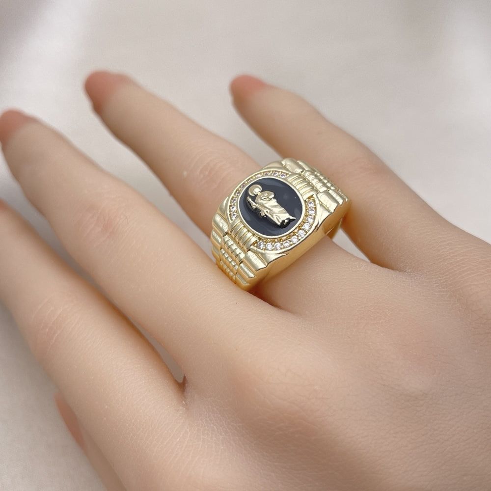Oro Laminado Multi Stone Ring, Gold Filled Style San Judas Design, with White Micro Pave, Black Enamel Finish, Golden Finish