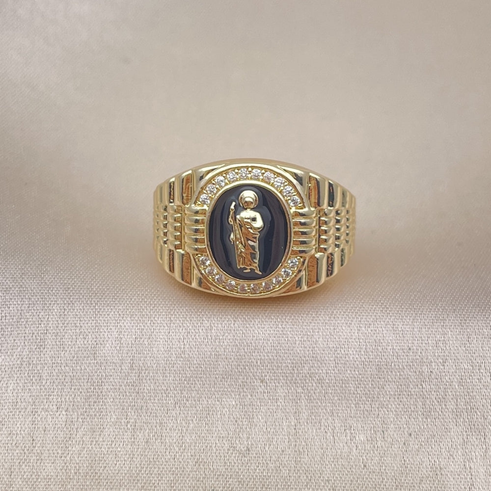 Oro Laminado Multi Stone Ring, Gold Filled Style San Judas Design, with White Micro Pave, Black Enamel Finish, Golden Finish