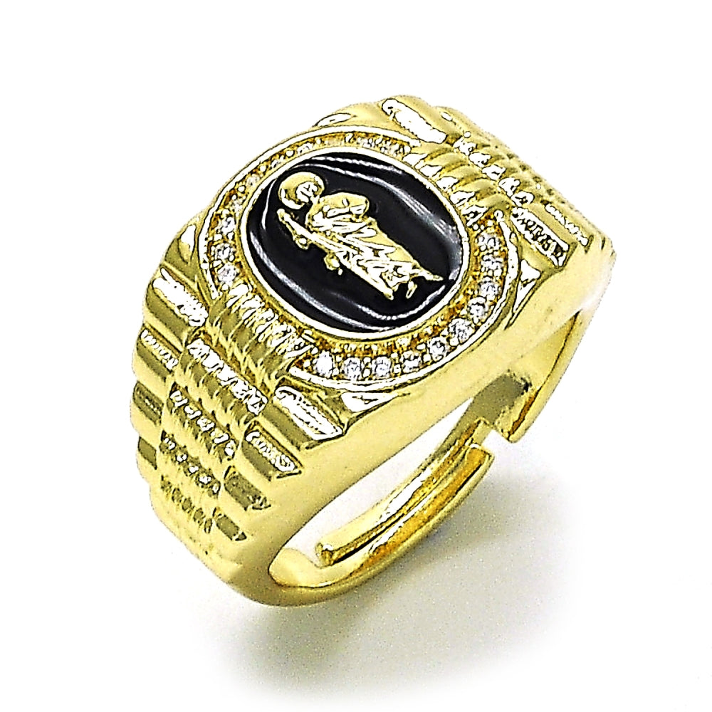 Oro Laminado Multi Stone Ring, Gold Filled Style San Judas Design, with White Micro Pave, Black Enamel Finish, Golden Finish