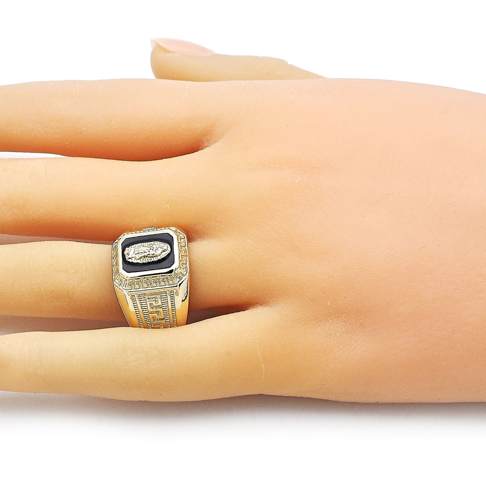 Oro Laminado Elegant Ring, Gold Filled Style Guadalupe and Greek Key Design, Black Enamel Finish, Golden Finish