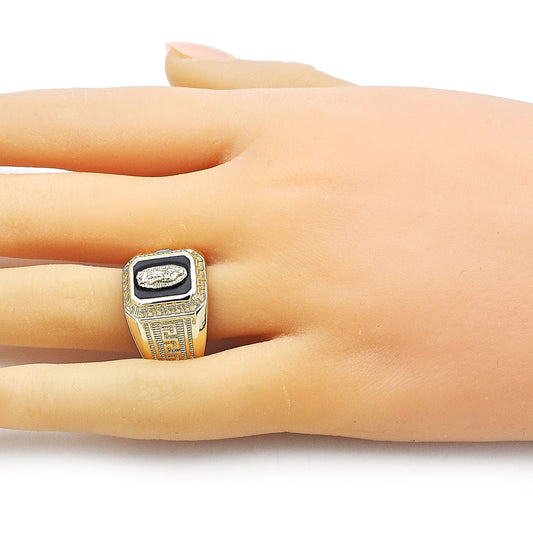 Oro Laminado Elegant Ring, Gold Filled Style Guadalupe and Greek Key Design, Black Enamel Finish, Golden Finish