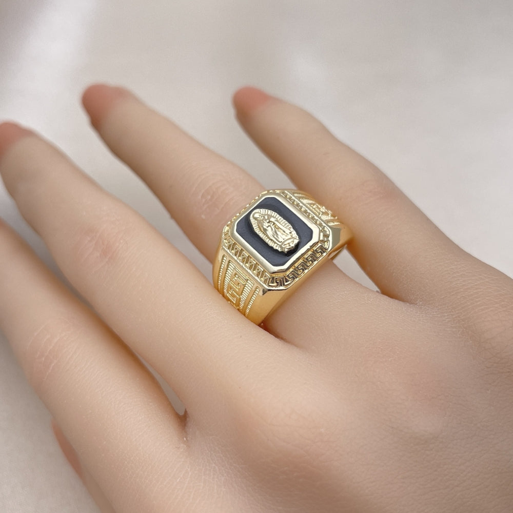 Oro Laminado Elegant Ring, Gold Filled Style Guadalupe and Greek Key Design, Black Enamel Finish, Golden Finish