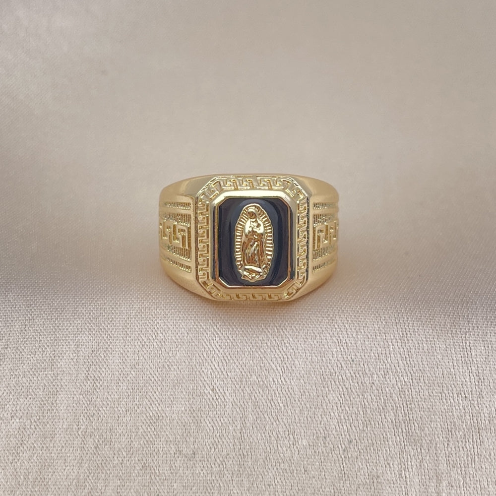Oro Laminado Elegant Ring, Gold Filled Style Guadalupe and Greek Key Design, Black Enamel Finish, Golden Finish