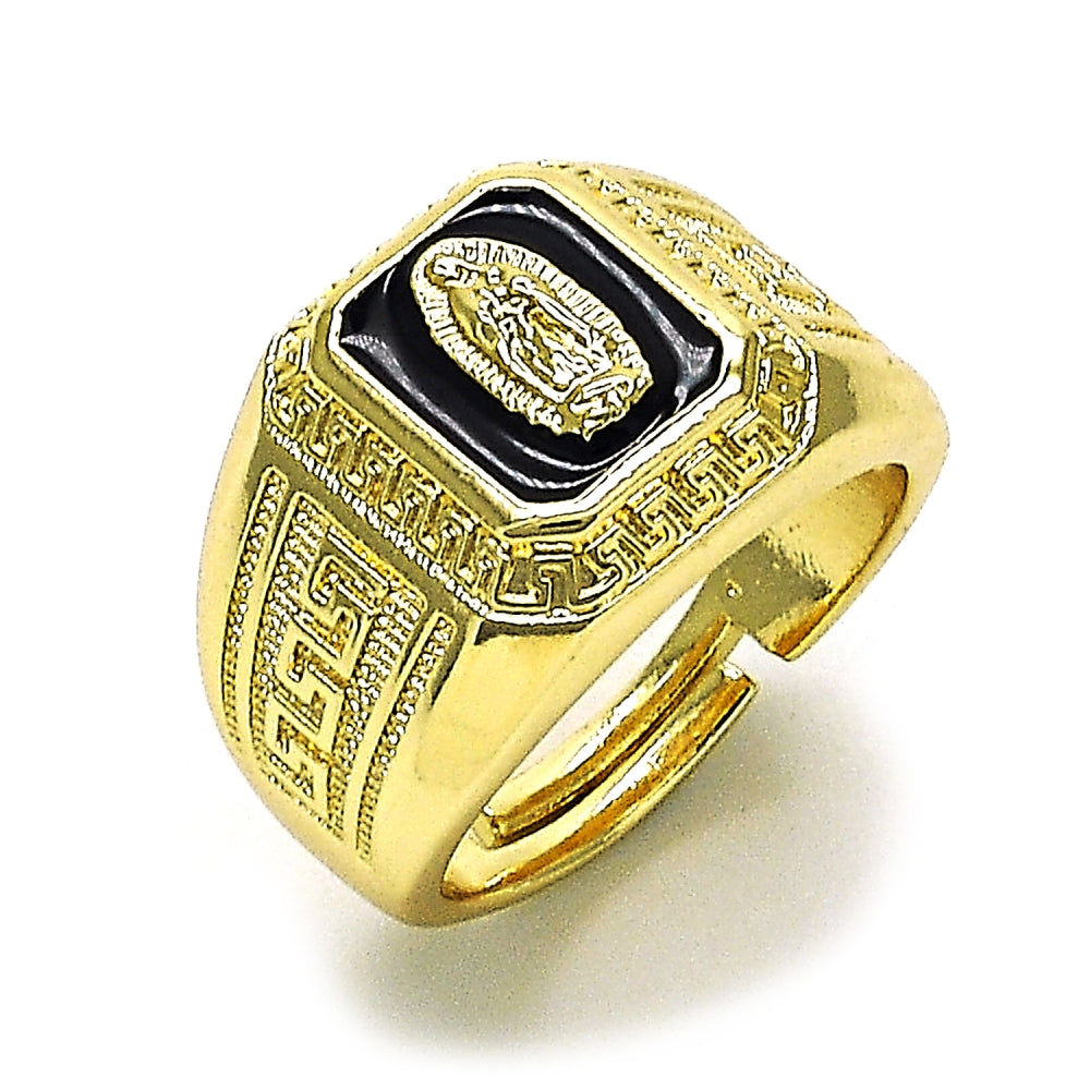 Oro Laminado Elegant Ring, Gold Filled Style Guadalupe and Greek Key Design, Black Enamel Finish, Golden Finish