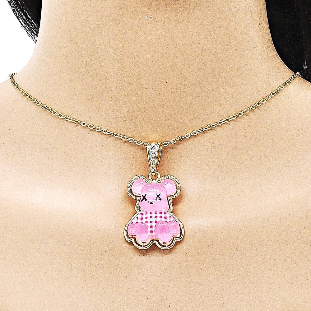 Oro Laminado Fancy Pendant, Gold Filled Style Teddy Bear Design, with White Crystal, Pink Resin Finish, Golden Finish