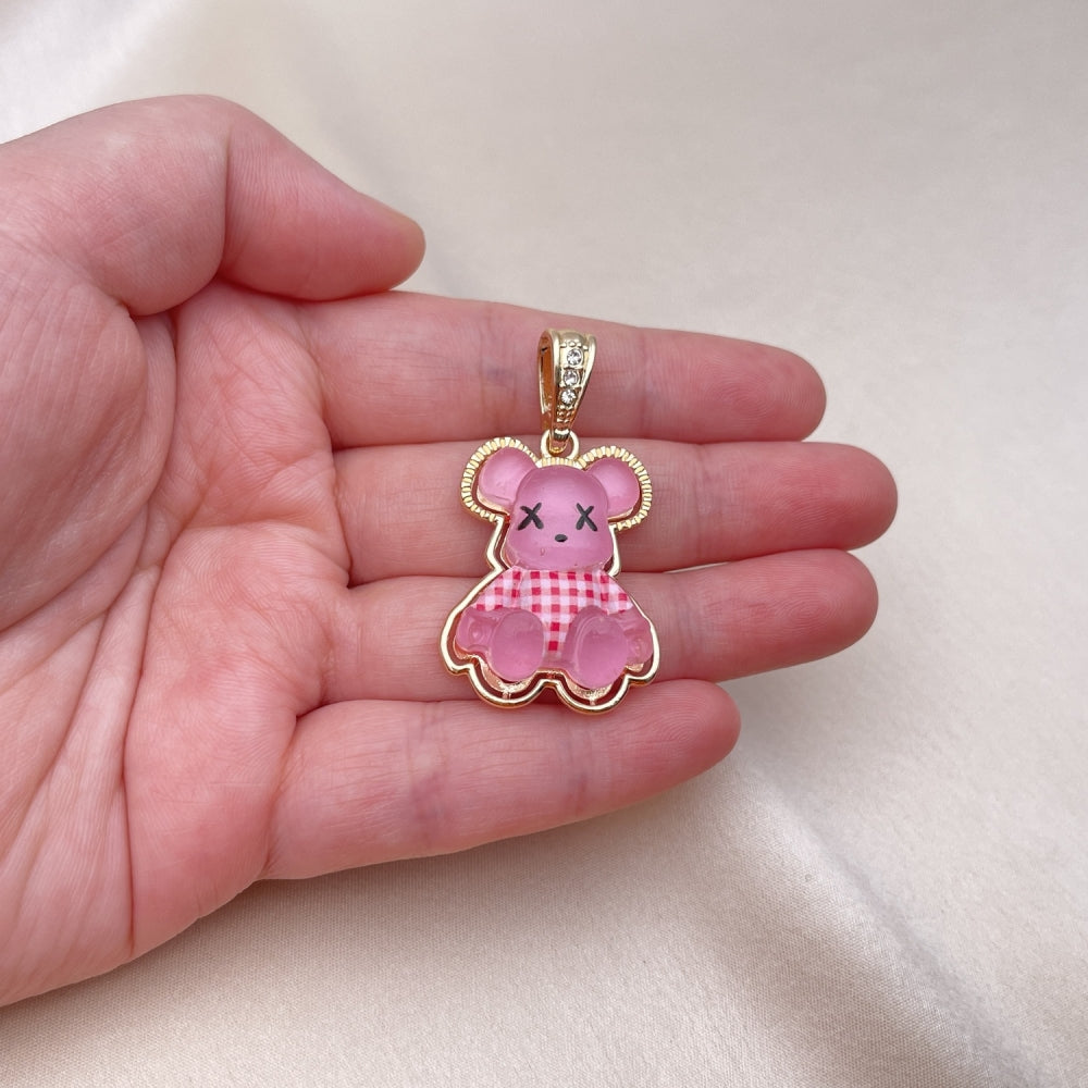 Oro Laminado Fancy Pendant, Gold Filled Style Teddy Bear Design, with White Crystal, Pink Resin Finish, Golden Finish