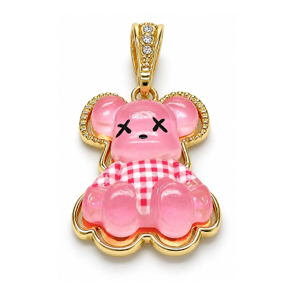 Oro Laminado Fancy Pendant, Gold Filled Style Teddy Bear Design, with White Crystal, Pink Resin Finish, Golden Finish