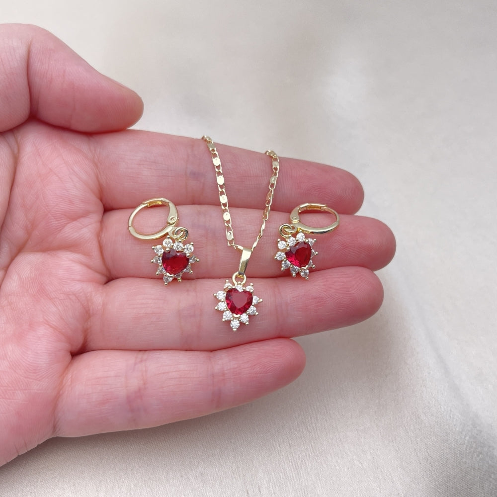 Oro Laminado Earring and Pendant Adult Set, Gold Filled Style Heart and Cluster Design, with Ruby and White Cubic Zirconia, Polished, Golden Finish