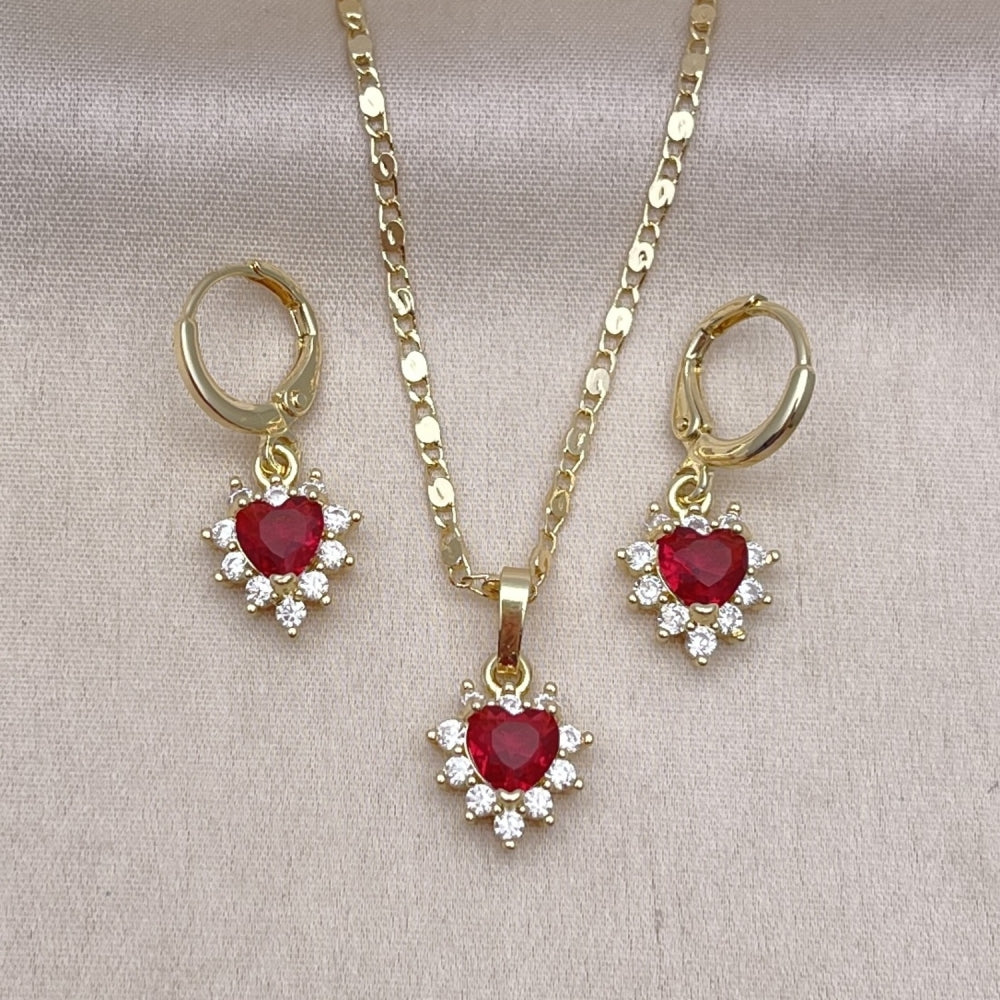 Oro Laminado Earring and Pendant Adult Set, Gold Filled Style Heart and Cluster Design, with Ruby and White Cubic Zirconia, Polished, Golden Finish