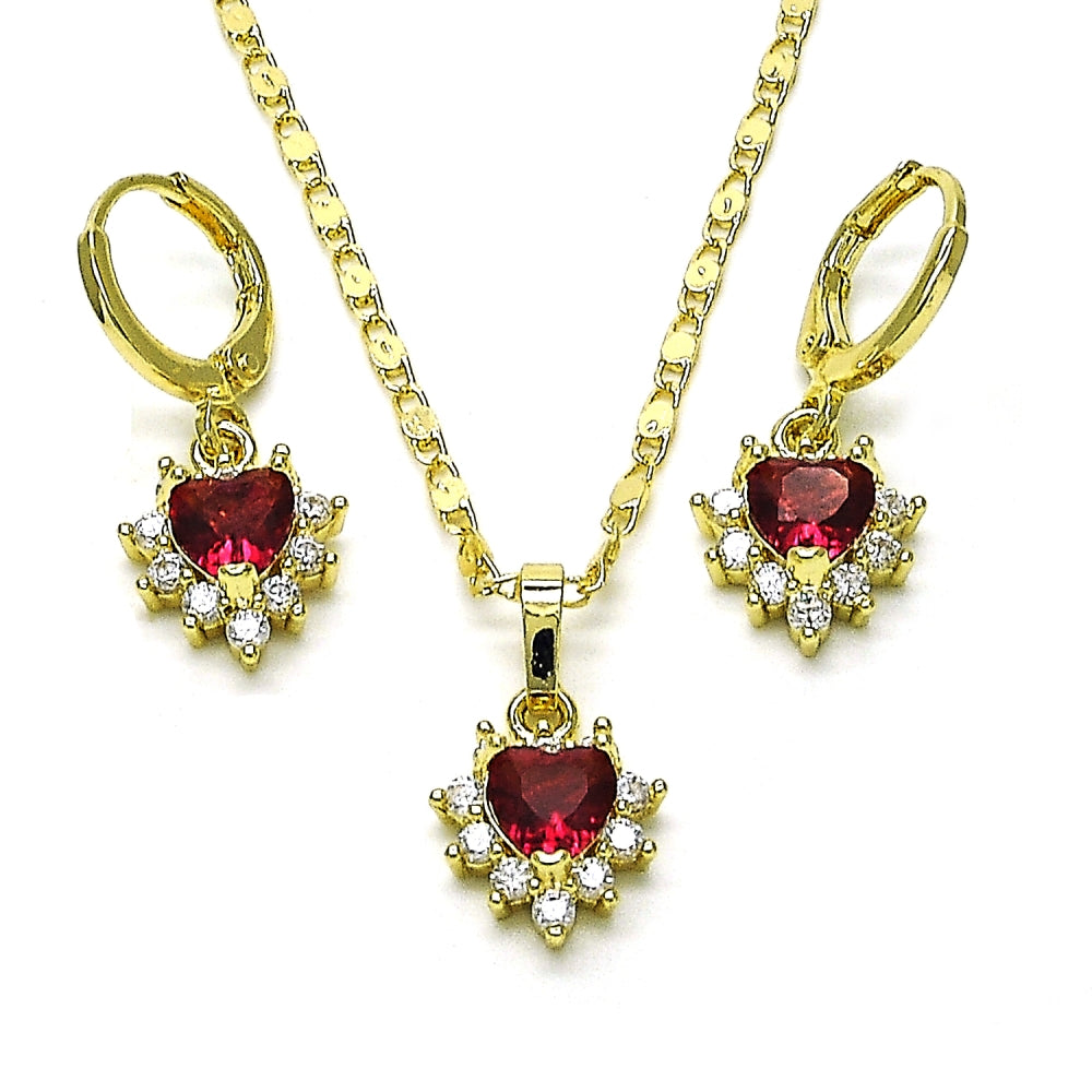 Oro Laminado Earring and Pendant Adult Set, Gold Filled Style Heart and Cluster Design, with Ruby and White Cubic Zirconia, Polished, Golden Finish