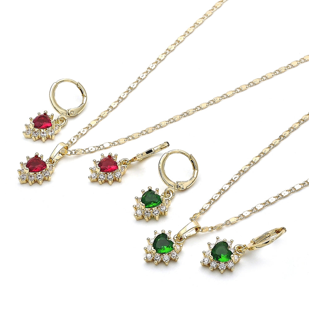 Oro Laminado Earring and Pendant Adult Set, Gold Filled Style Heart and Cluster Design, with Ruby and White Cubic Zirconia, Polished, Golden Finish