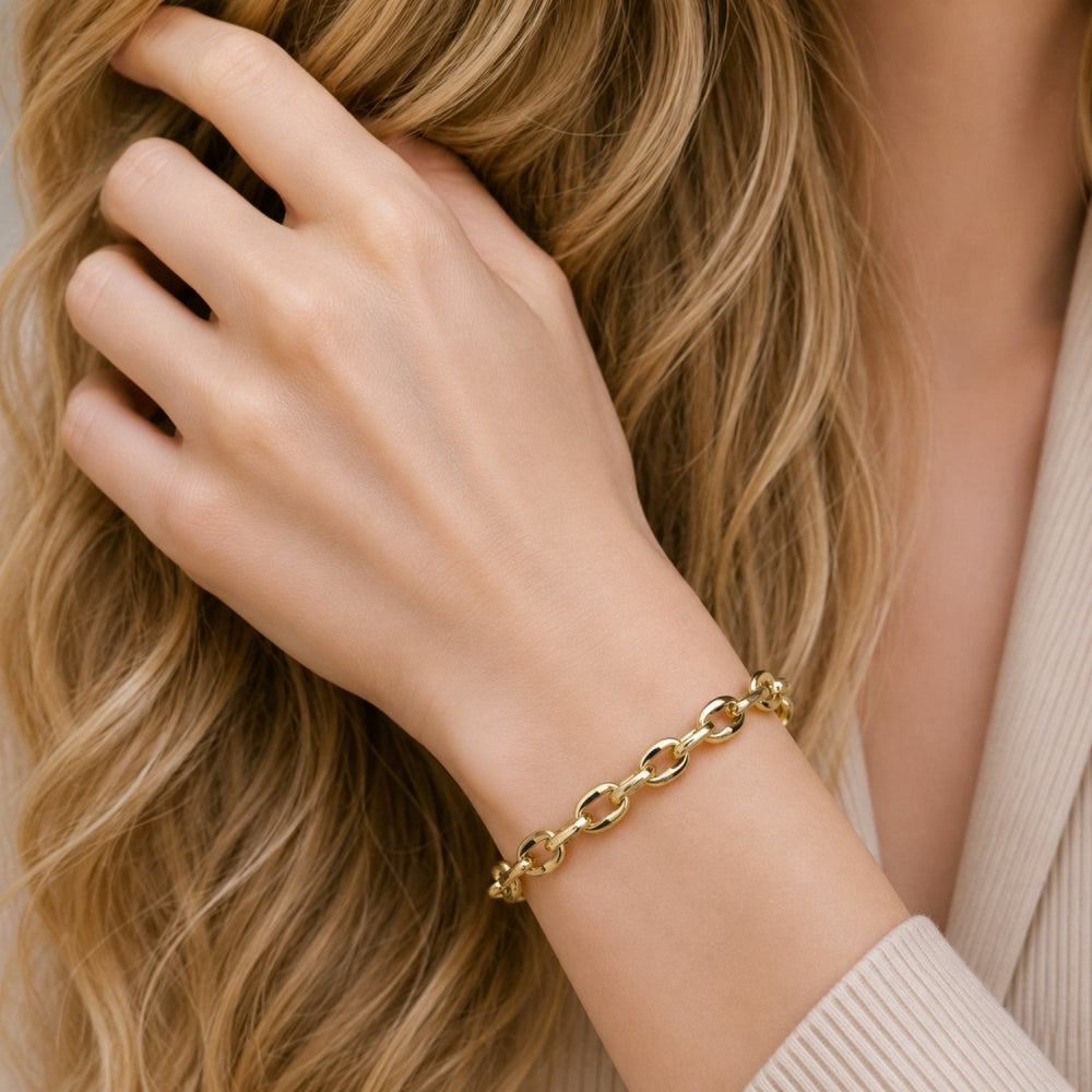 Oro Laminado Fancy Bracelet, Gold Filled Style Puff Mariner Design, Polished, Golden Finish