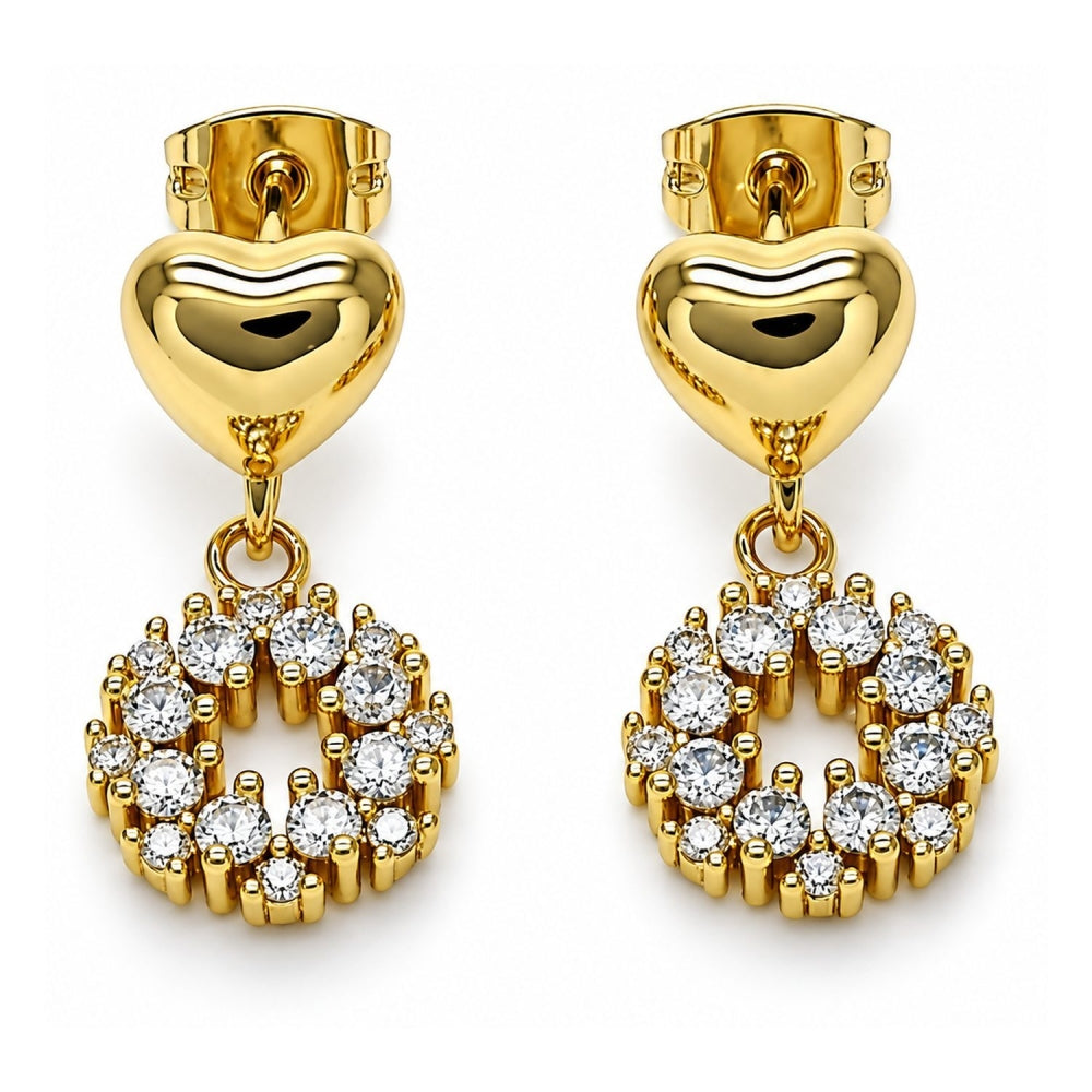 Oro Laminado Dangle Earring, Gold Filled Style Heart Design, with White Cubic Zirconia, Polished, Golden Finish