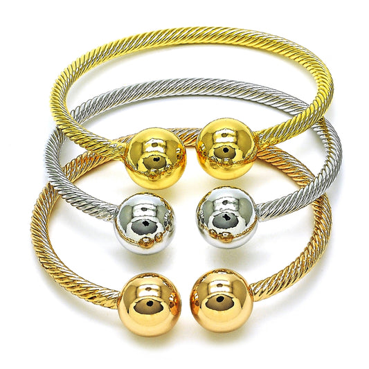Oro Laminado Trio Bangle, Gold Filled Style Ball and Twist Design, Polished, Tricolor
