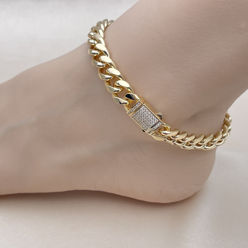 Oro Laminado Fancy Anklet, Gold Filled Style Miami Cuban Design, with White Micro Pave, Polished, Golden Finish