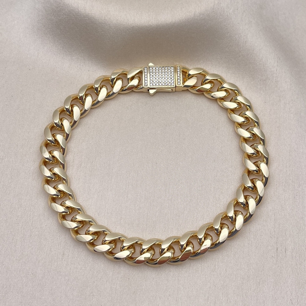 Oro Laminado Fancy Anklet, Gold Filled Style Miami Cuban Design, with White Micro Pave, Polished, Golden Finish
