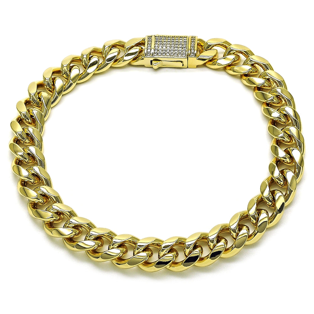 Oro Laminado Fancy Anklet, Gold Filled Style Miami Cuban Design, with White Micro Pave, Polished, Golden Finish