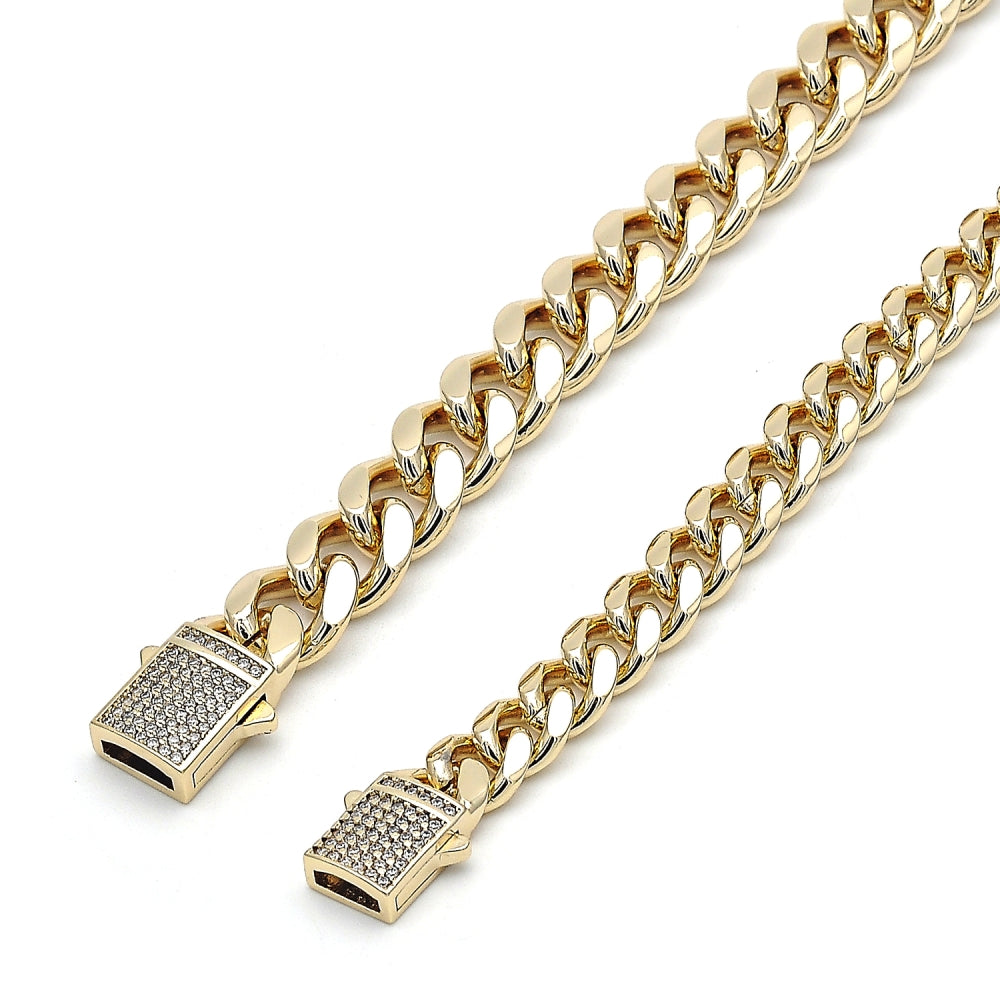 Oro Laminado Fancy Anklet, Gold Filled Style Miami Cuban Design, with White Micro Pave, Polished, Golden Finish
