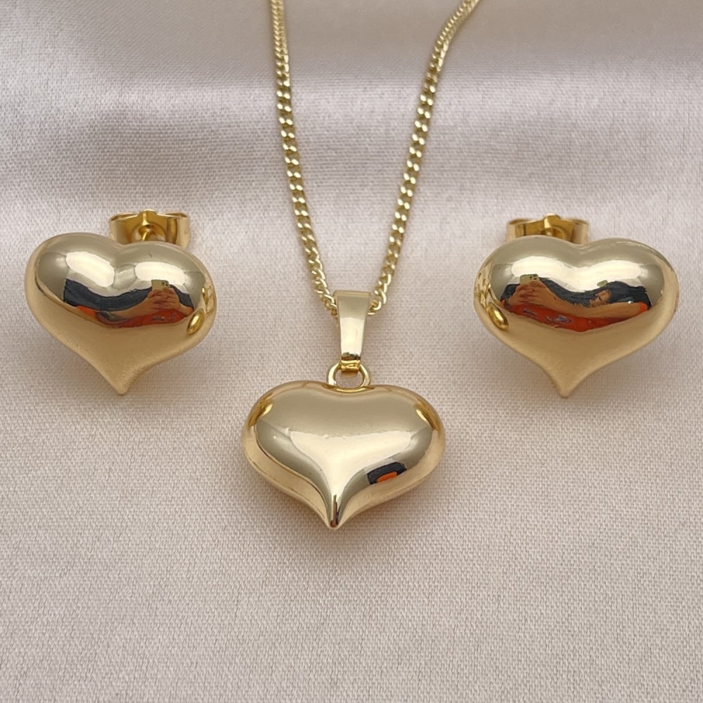 Oro Laminado Earring and Pendant Adult Set, Gold Filled Style Heart and Hollow Design, Polished, Golden Finish