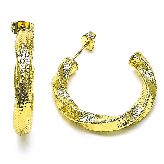 Oro Laminado Medium Hoop, Gold Filled Style Twist and Hollow Design, Diamond Cutting Finish, Golden Finish