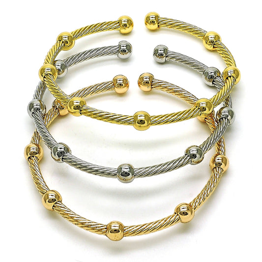 Oro Laminado Trio Bangle, Gold Filled Style Twist and Ball Design, Polished, Tricolor