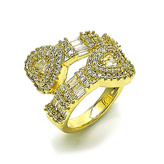 Oro Laminado Multi Stone Ring, Gold Filled Style Heart and Baguette Design, with White Cubic Zirconia and White Micro Pave, Polished, Golden Finish