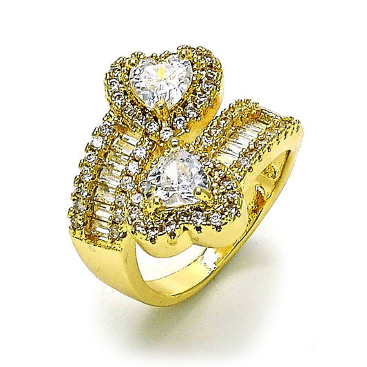 Oro Laminado Multi Stone Ring, Gold Filled Style Heart and Baguette Design, with White Cubic Zirconia and White Micro Pave, Polished, Golden Finish