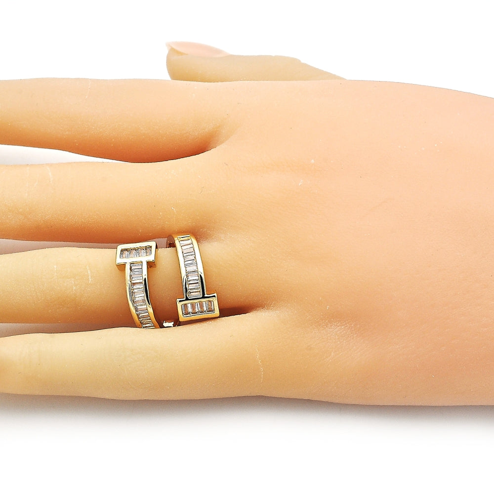 Oro Laminado Multi Stone Ring, Gold Filled Style Nail and Baguette Design, with White Cubic Zirconia, Polished, Golden Finish