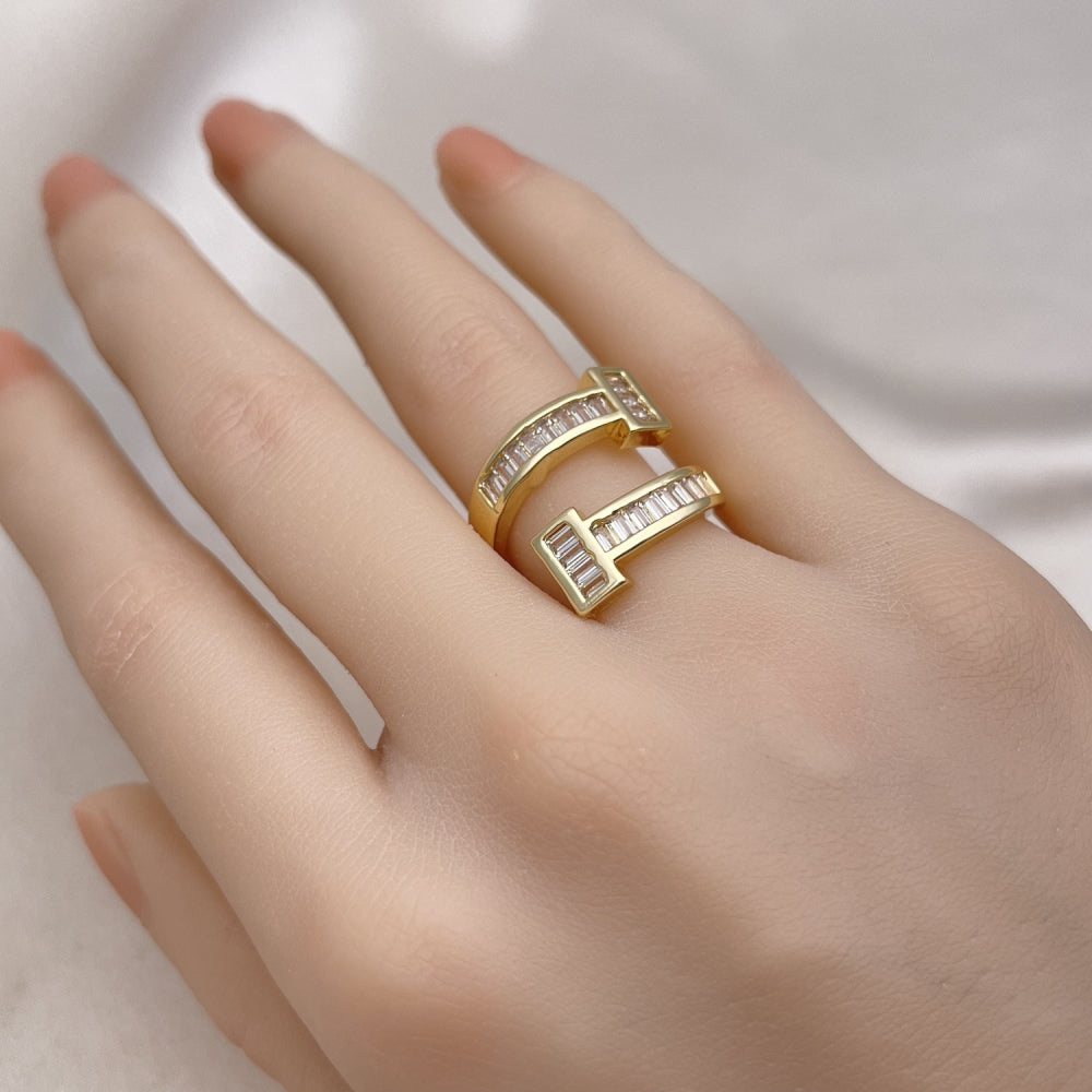 Oro Laminado Multi Stone Ring, Gold Filled Style Nail and Baguette Design, with White Cubic Zirconia, Polished, Golden Finish