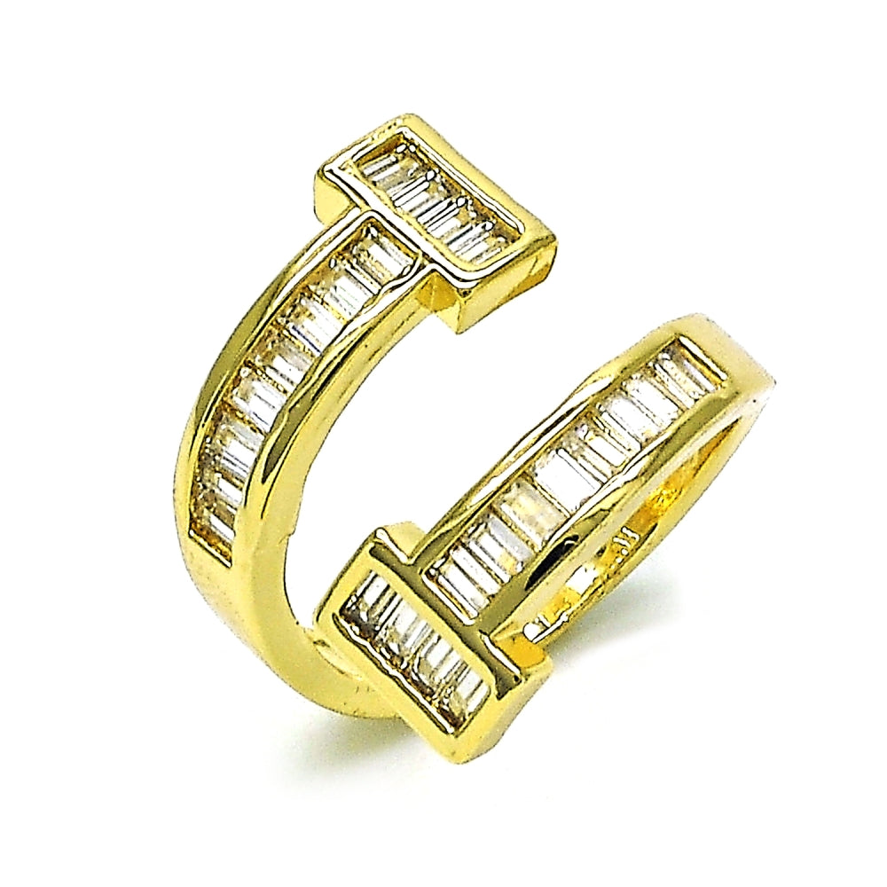 Oro Laminado Multi Stone Ring, Gold Filled Style Nail and Baguette Design, with White Cubic Zirconia, Polished, Golden Finish