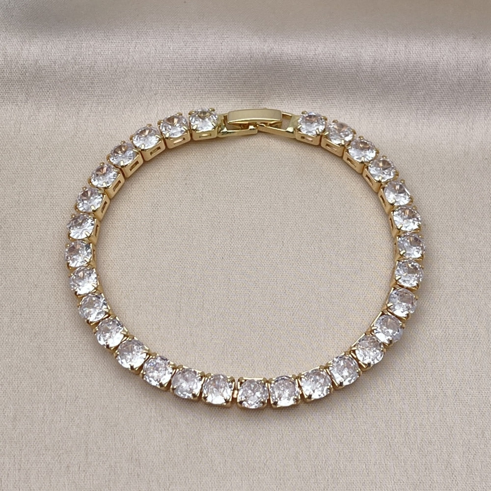 Oro Laminado Tennis Bracelet, Gold Filled Style Cluster Design, with White Cubic Zirconia, Polished, Golden Finish