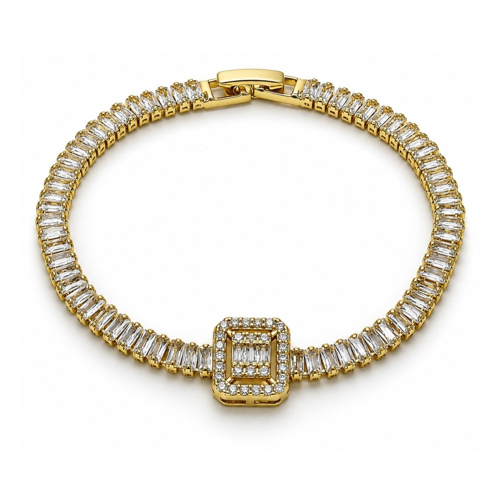 Oro Laminado Tennis Bracelet, Gold Filled Style Baguette and Cluster Design, with White Cubic Zirconia and White Micro Pave, Polished, Golden Finish