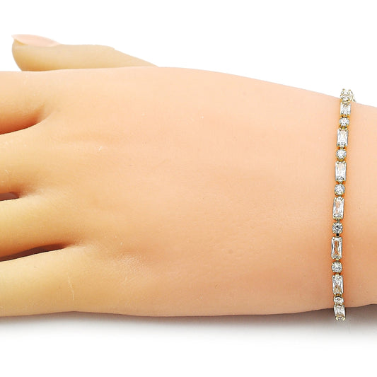 Oro Laminado Tennis Bracelet, Gold Filled Style Baguette Design, with White Cubic Zirconia, Polished, Golden Finish