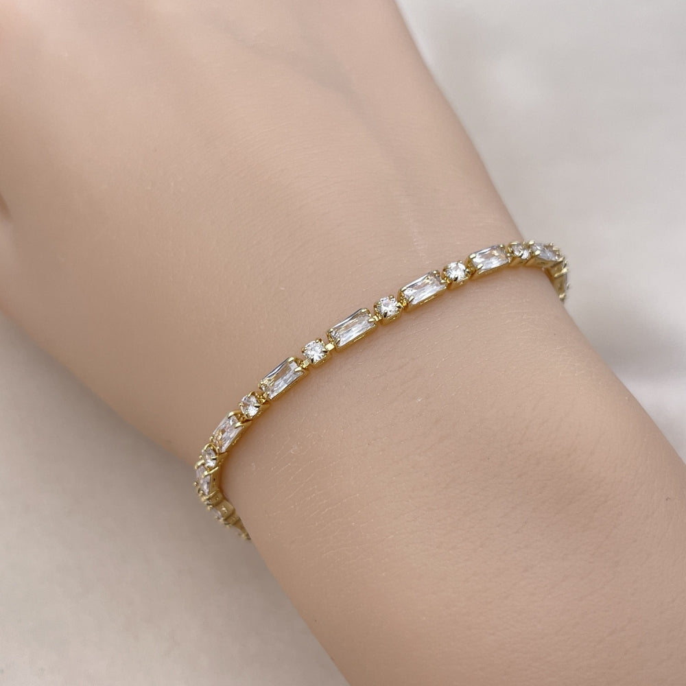 Oro Laminado Tennis Bracelet, Gold Filled Style Baguette Design, with White Cubic Zirconia, Polished, Golden Finish