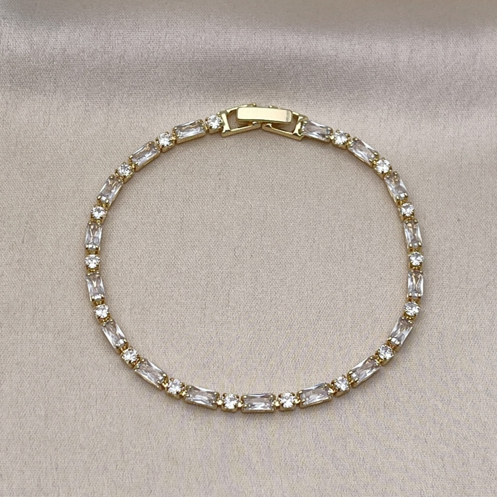 Oro Laminado Tennis Bracelet, Gold Filled Style Baguette Design, with White Cubic Zirconia, Polished, Golden Finish