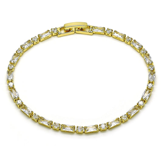 Oro Laminado Tennis Bracelet, Gold Filled Style Baguette Design, with White Cubic Zirconia, Polished, Golden Finish