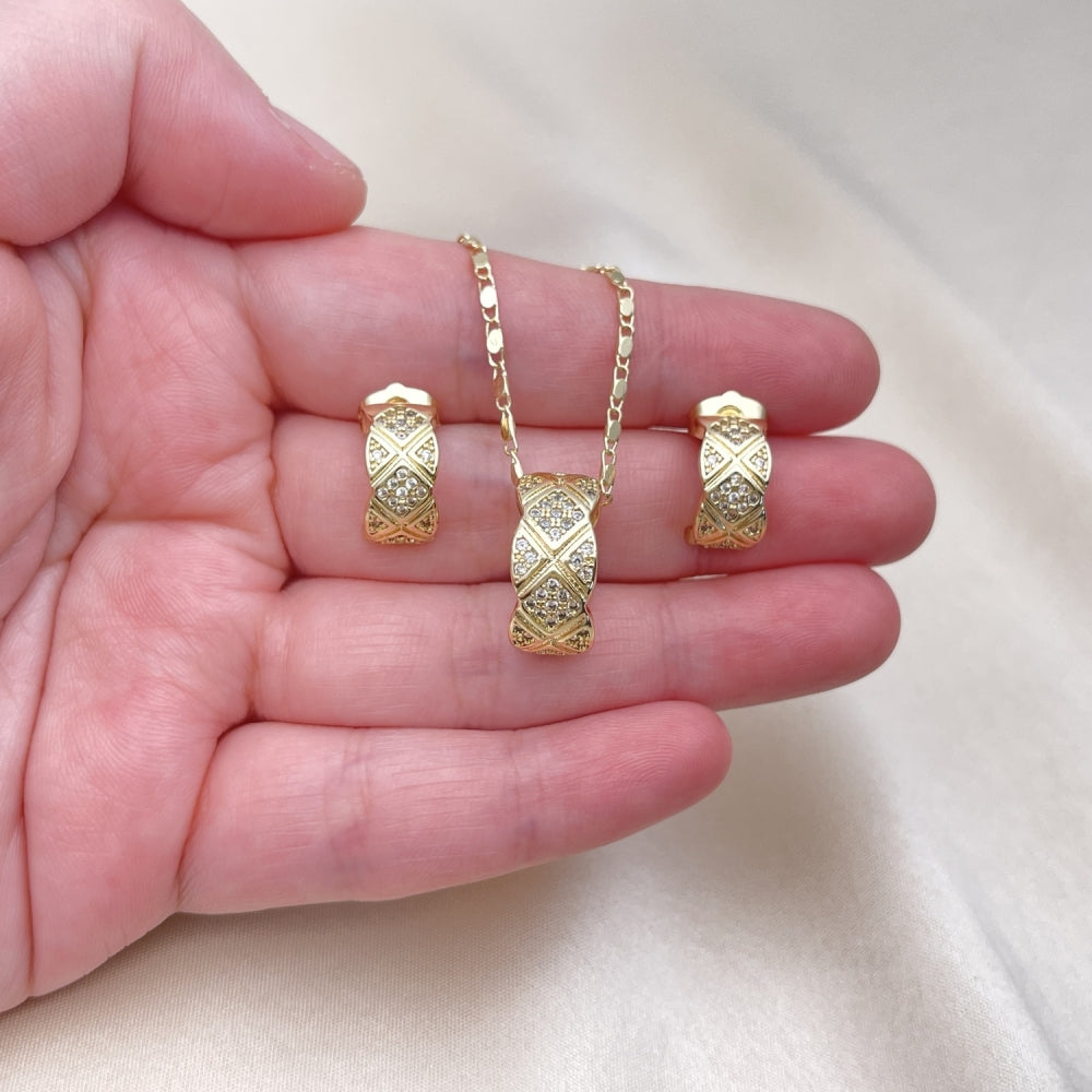 Oro Laminado Earring and Pendant Adult Set, Gold Filled Style with White Micro Pave, Polished, Golden Finish