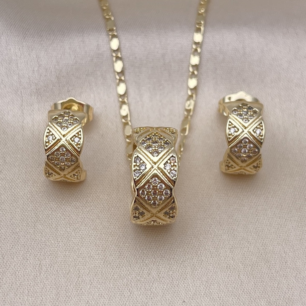 Oro Laminado Earring and Pendant Adult Set, Gold Filled Style with White Micro Pave, Polished, Golden Finish