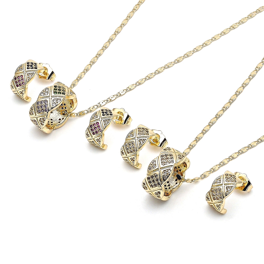 Oro Laminado Earring and Pendant Adult Set, Gold Filled Style with White Micro Pave, Polished, Golden Finish