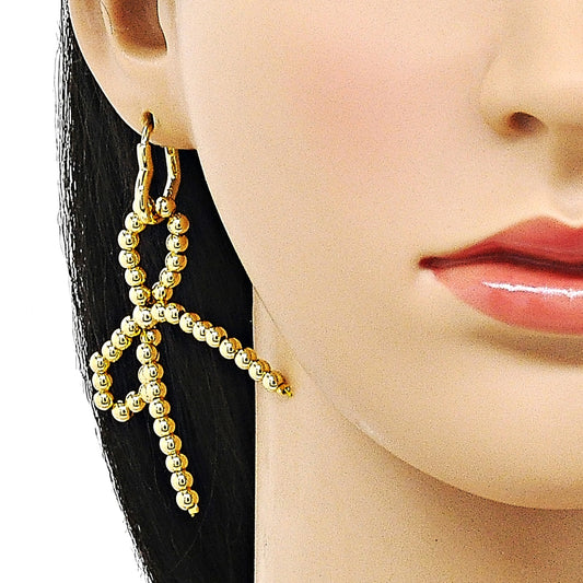 Oro Laminado Dangle Earring, Gold Filled Style Bow and Heart Design, Polished, Golden Finish