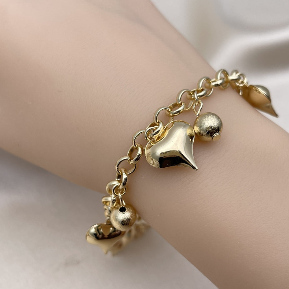 Oro Laminado Charm Bracelet, Gold Filled Style Heart and Ball Design, Polished, Golden Finish