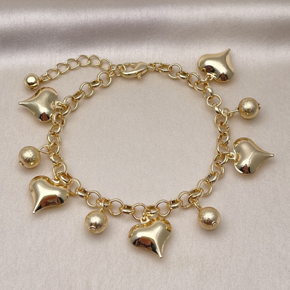 Oro Laminado Charm Bracelet, Gold Filled Style Heart and Ball Design, Polished, Golden Finish