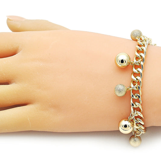 Oro Laminado Charm Bracelet, Gold Filled Style Ball and Miami Cuban Design, Polished, Golden Finish