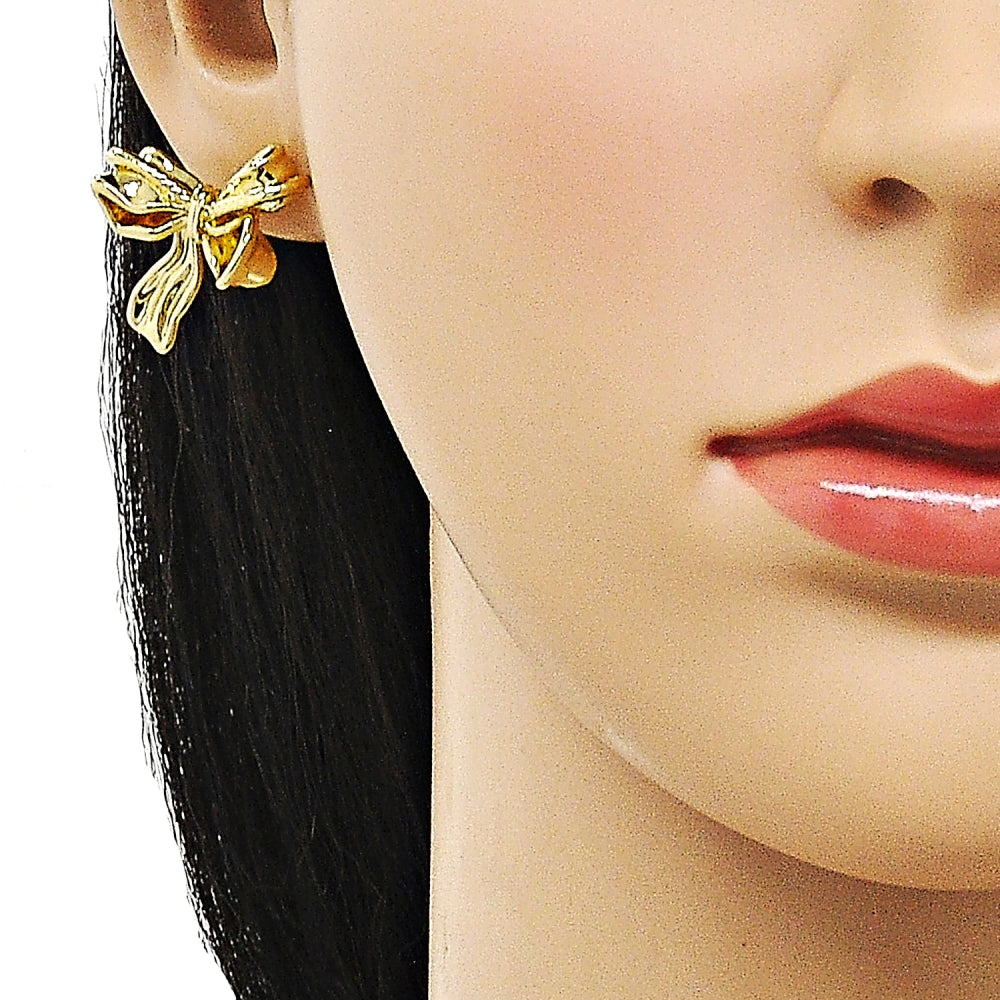 Oro Laminado Stud Earring, Gold Filled Style Bow Design, Polished, Golden Finish
