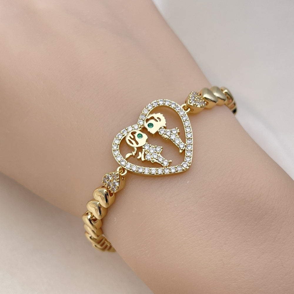 Oro Laminado Fancy Bracelet, Gold Filled Style Heart and Little Girl Design, with White and Green Cubic Zirconia, Polished, Golden Finish